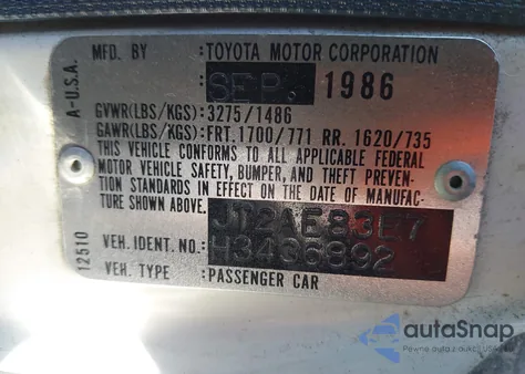 1987 Toyota Corolla Le z USA, uszkodzony, nr VIN JT2AE83E7H3436892